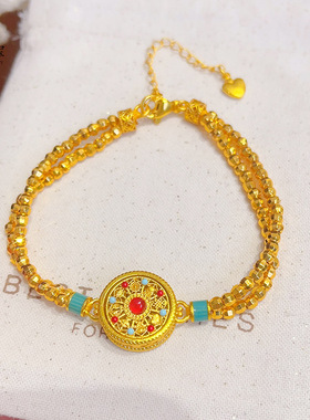 2026沙金烧蓝吉祥八宝罗盘蹦迪珠手链女士黄金色时来运转圆牌手串