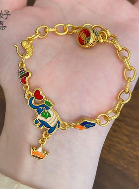 2025新款女士蓝色大象手链烧蓝手饰高级感珐琅彩流行女饰品手串