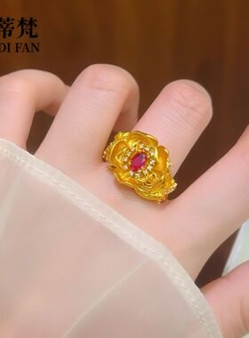 2026新款女款沙金点钻荆棘鸽血红玫瑰戒指镂空满庭芳华花朵指环女