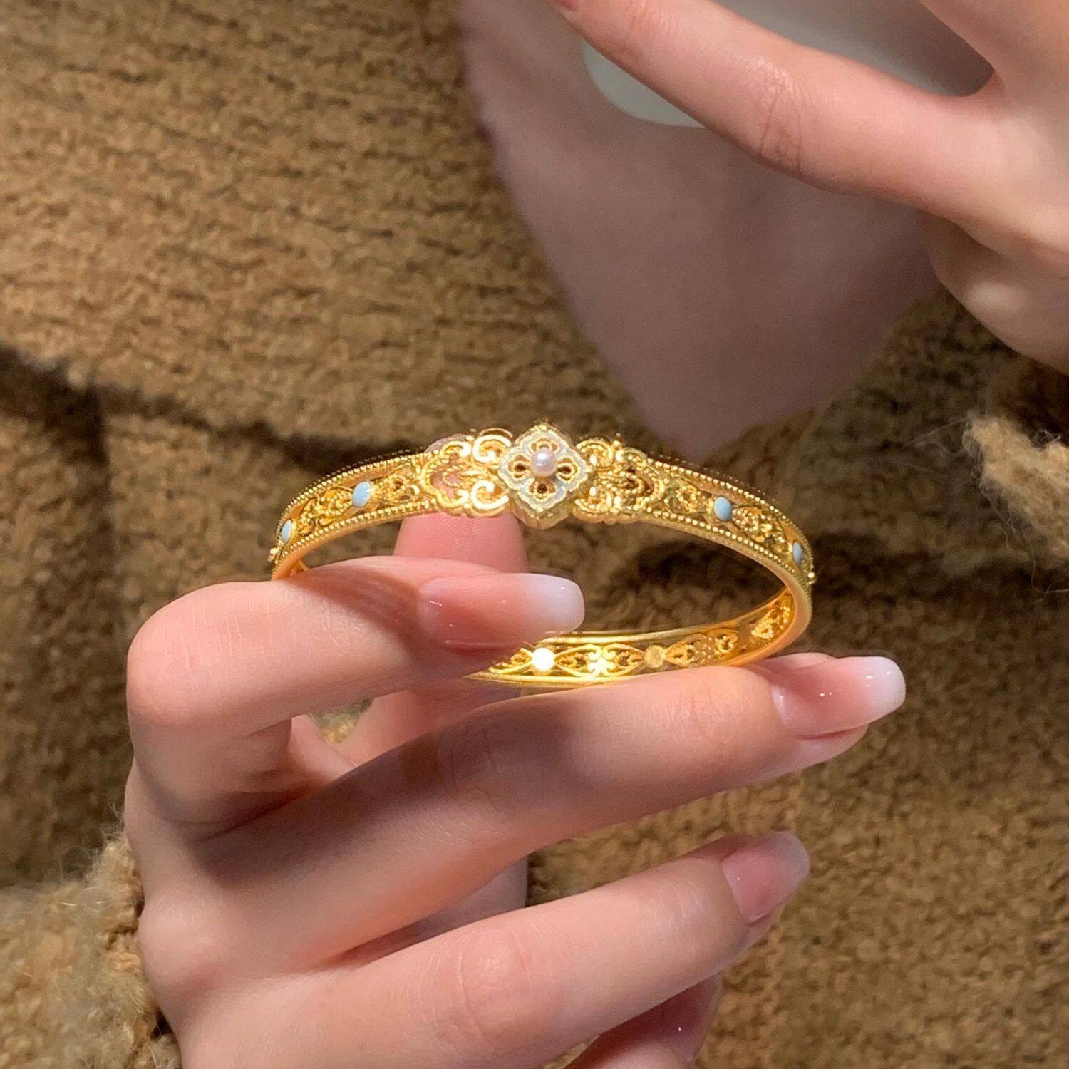 梦回盛唐沙金敦煌珐琅手镯女士镶嵌仿珍珠宫廷富贵贵妃黄金色手环