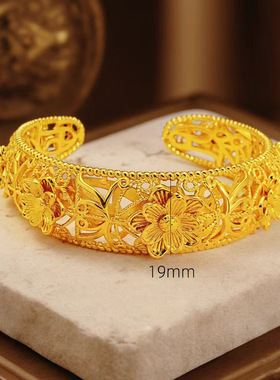 爆款黄金色沙金镂空立体花朵手镯子时尚大气复古高级感莲花手环女