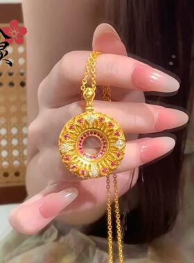 女款沙金宫廷国风星汉承平花镂空平安扣吊坠豪华高级感黄金色项链