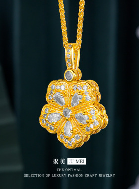 vintage中古风满钻锆石五叶草吊坠沙金高级感镶钻红刚玉花朵项链