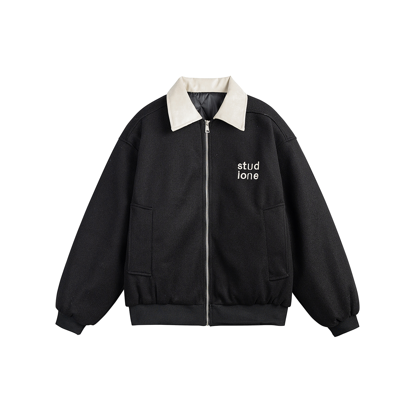 冬季呢料拼皮翻领棉服夹克外套