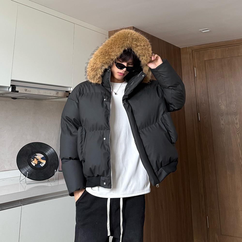 冬季PU皮毛领连帽宽松保暖棉服