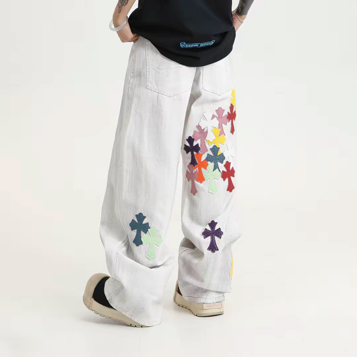 阿叔美式十字架贴皮绣直筒牛仔裤