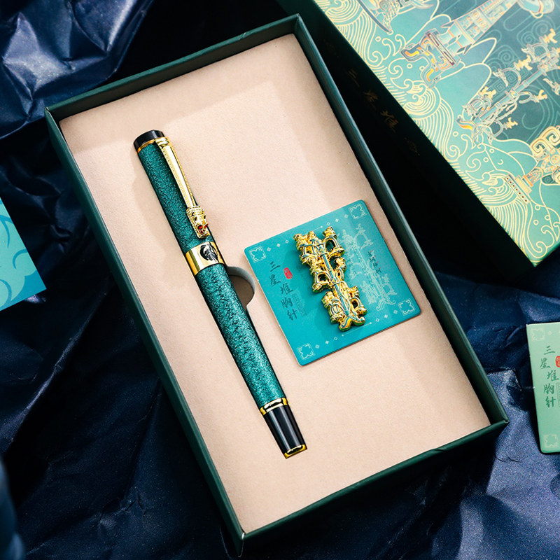 三星堆文创博物馆纪念品青铜大立人面具中国风创意金属胸针徽章迷你配饰装饰品高颜值中性笔生日礼物礼盒套装