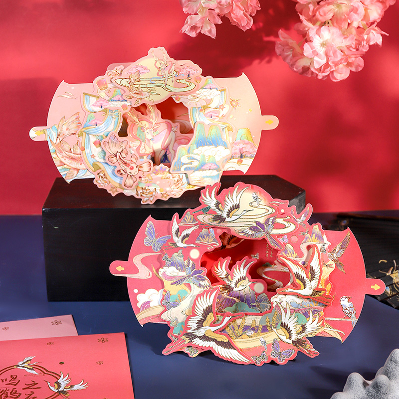 手写小卡片清风鸣鹤之应古风美女叠景贺卡带信封精美好看生日祝福节日