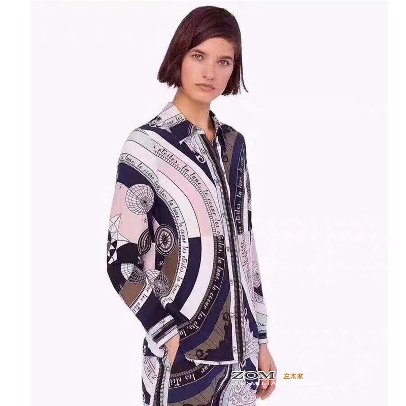 欧货 时尚几何罗盘定位印花宽松长袖真丝衬衫女上衣桑蚕丝 秋装新