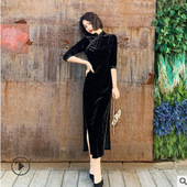 改良高端旗袍年轻款 复古气质高贵时尚 秋装 立体花朵黑色丝绒长款