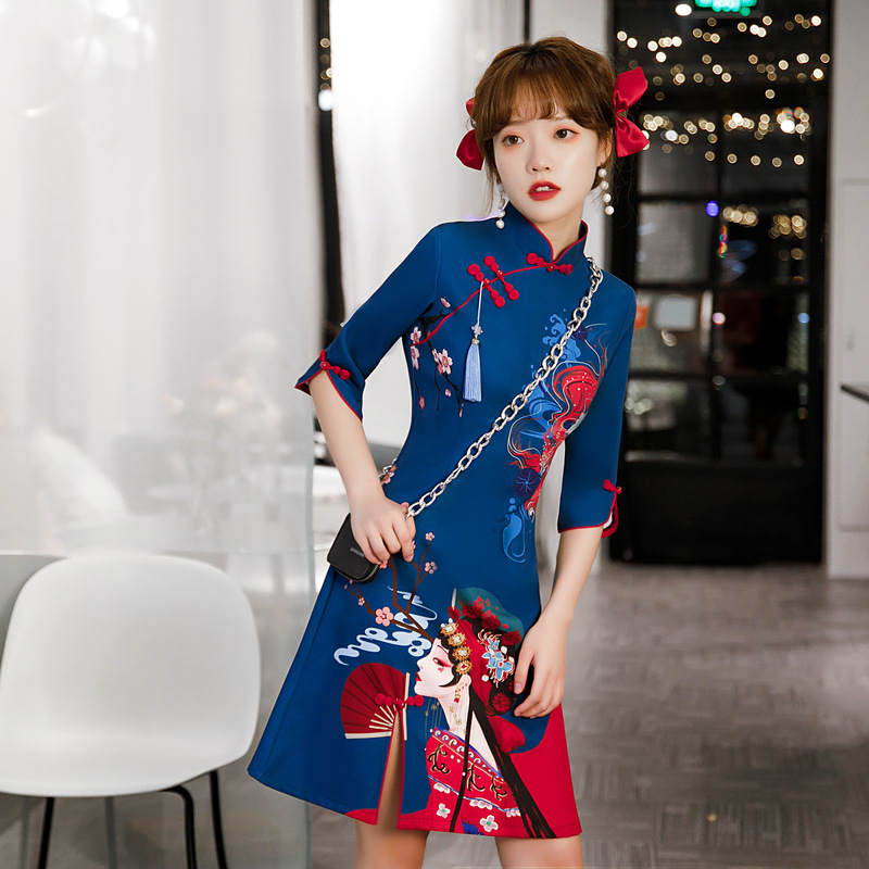 时尚印花中国风改良旗袍裙设计感复古少女款日常夏季夏装连衣裙