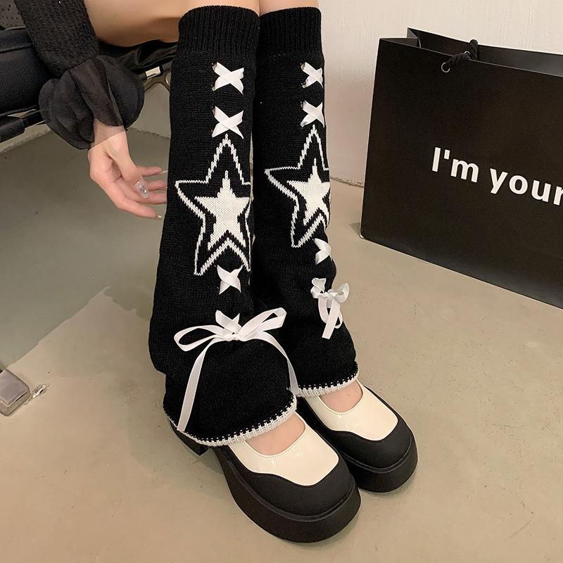 新款针织喇叭口暖腿套丝带星星绑带袜套亚文化y2k个性堆堆袜套