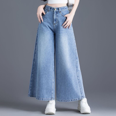 高端浅色牛仔裤女新款2025年春夏宽松女士阔腿裤裙裤小个子九分裤