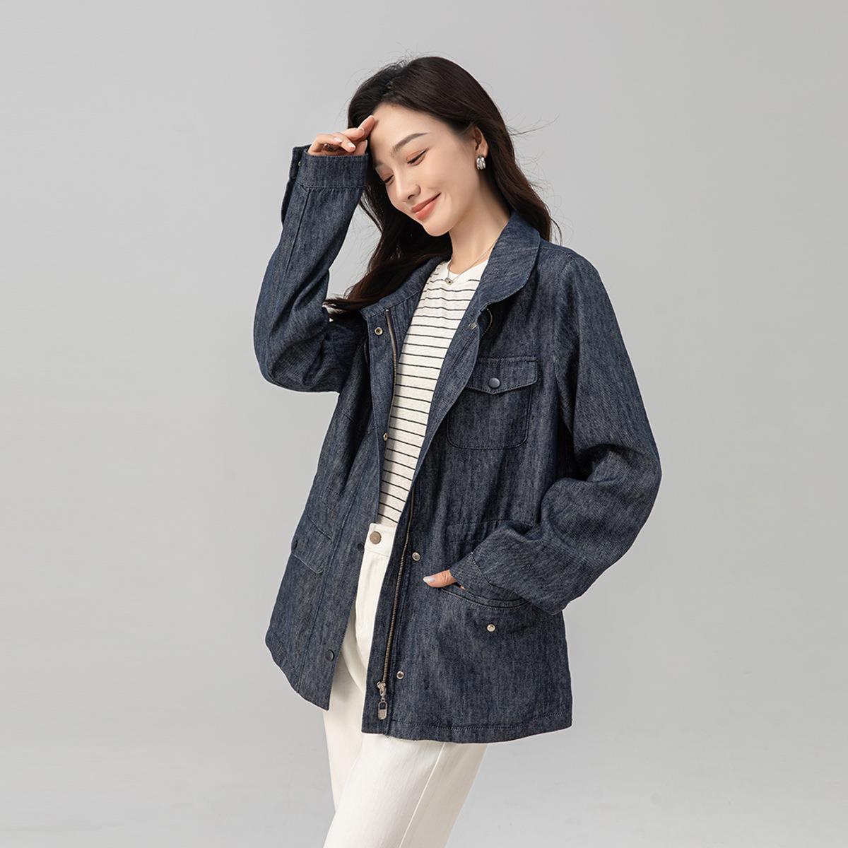 老钱风棉麻2026秋季新品工装口袋抽绳收腰丹宁极简牛仔外套女