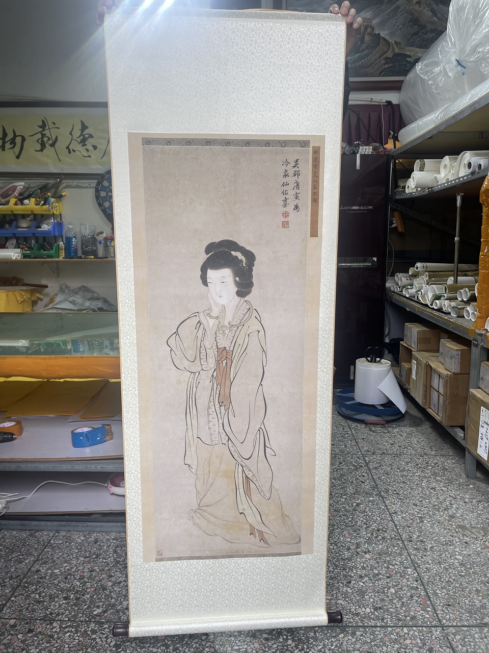 明唐寅唐伯虎 美人春思图 古代人物工笔画临摹学习 高清绢布微喷