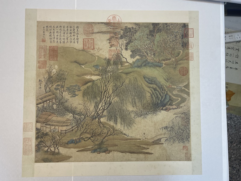 元 朱叔重 春塘柳色图 古画青绿山水真迹微喷复制装饰临摹画稿