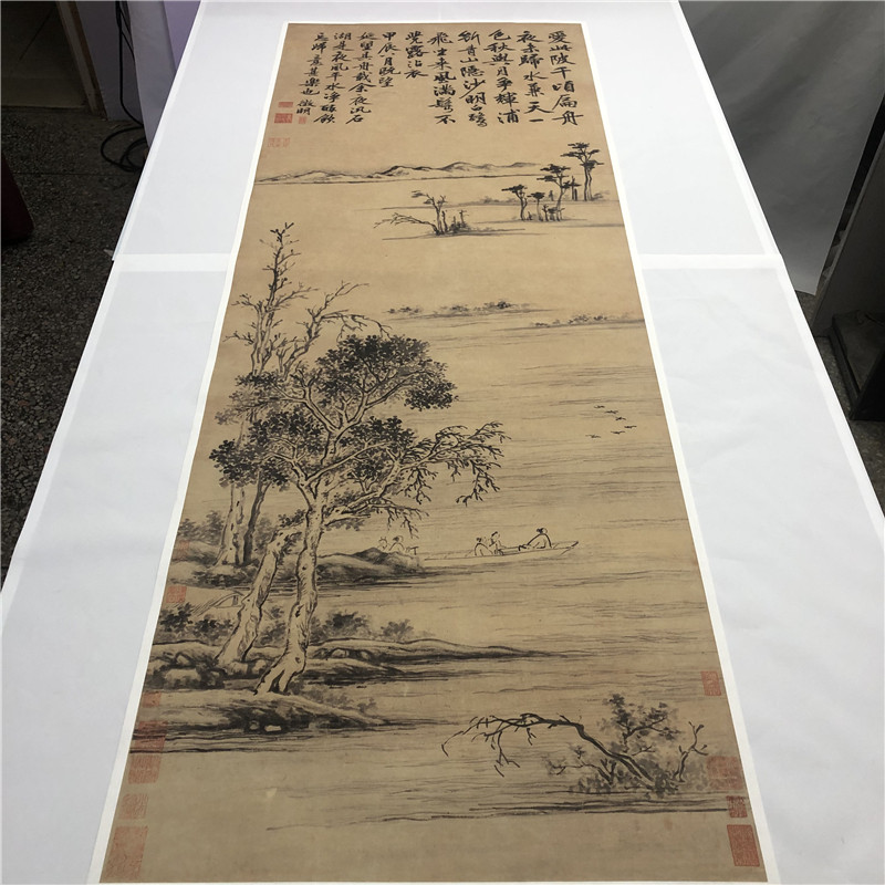 明 文徵明 石湖泛月图立轴纸本 古代名家山水人物写意国画装饰
