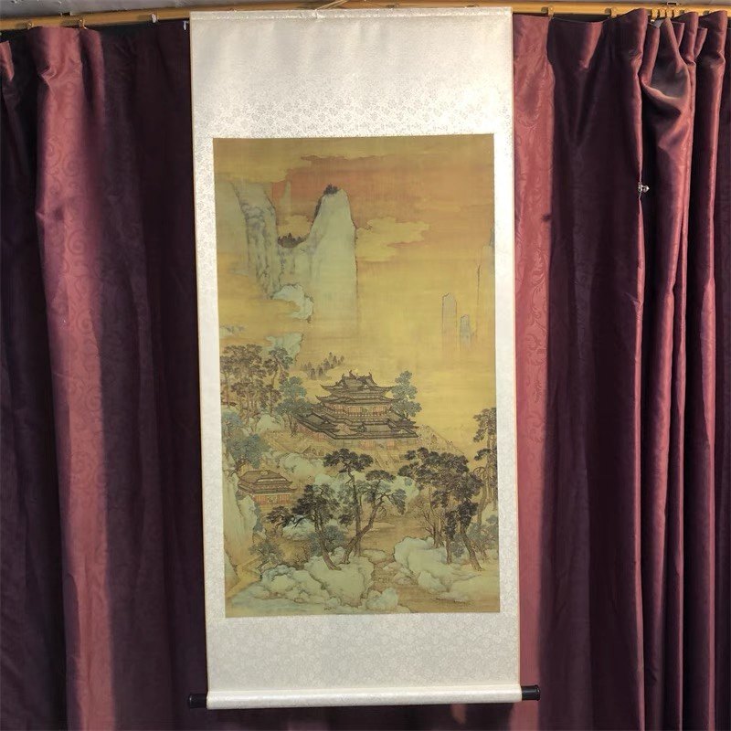 清 徐枚 蓬莱仙境图98.5x170厘米青绿山水意境装饰画微喷复制建筑