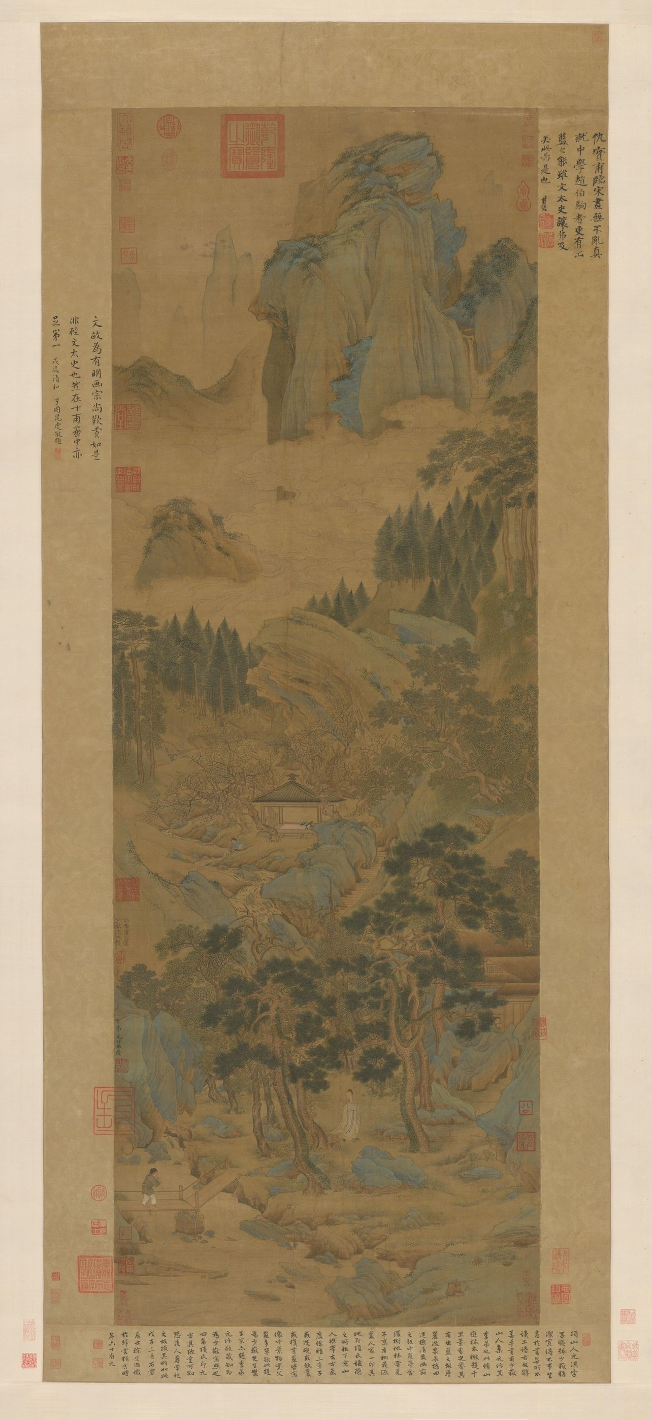 仇英 桃村草堂图 名家青绿山水人物立轴高清微喷复制临摹学习装饰