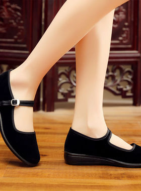 实在人老北京布鞋黑色平底妈妈工作广场舞鞋女式单鞋舒适上班休闲
