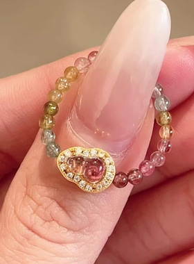 天然彩碧玺葫芦戒指女小众设计不掉色水晶指环轻奢高级感手饰批发