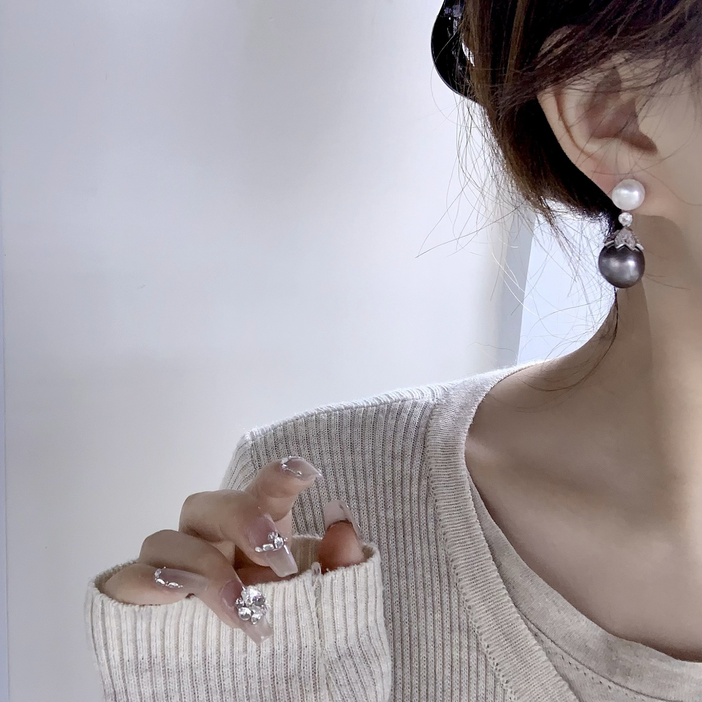 月光花环耳钉锆石天然不规则巴洛克珍珠 纯银耳针