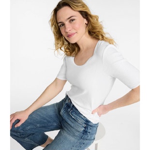 L.L. Bean宾恩女士T恤高级针织衫U形领修身高弹打底衫七分袖春季