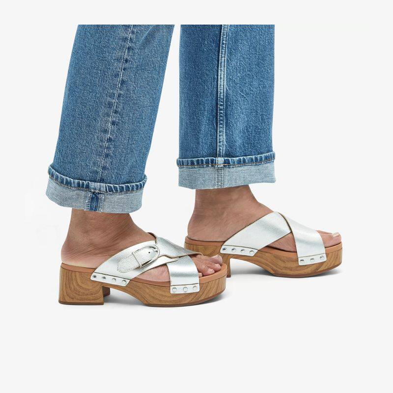 clarks其乐女拖鞋凉拖厚底高跟方根夏交叉带皮革金属色铆钉24新品