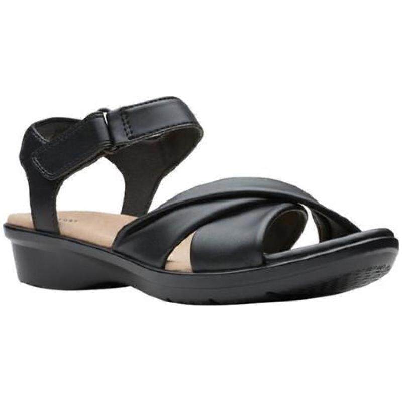 clarks/其乐女凉鞋交叉一字中跟坡跟黑色皮质夏季正品886291