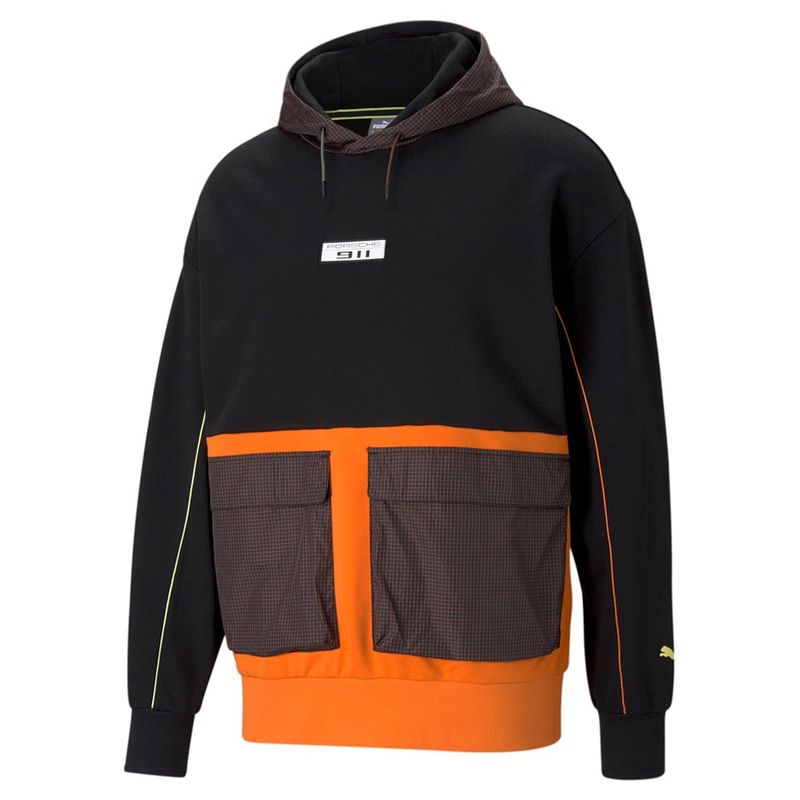 puma/彪马男卫衣连帽衫套头黑橙拼色调节抽绳双口袋保暖舒适