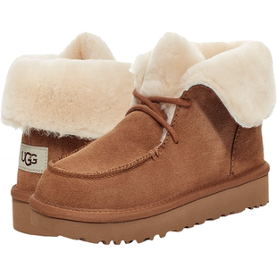 UGG女士棉鞋面包鞋雪地靴翻口短毛系带一脚蹬厚底含羊毛保暖冬季
