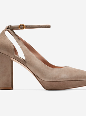 Cole Haan/可汗女高跟鞋粗跟厚底防水台绒面绑带圆头百搭W29253