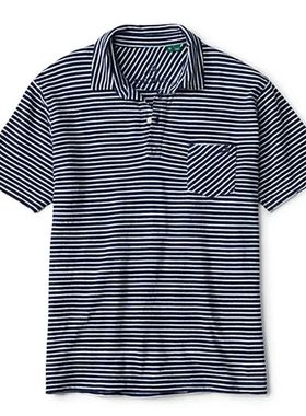 ORVIS男士T恤短袖半截袖靛蓝条纹Polo衫纯棉吸汗欧美男装四季款