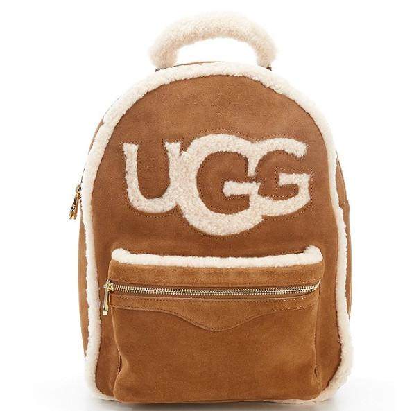 ugg女双肩背包时尚logo棕色羊反绒毛边逛街dannie正品1093568