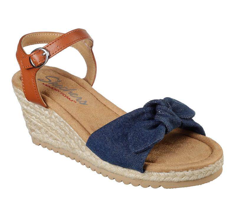 skechers/斯凯奇女鞋凉鞋牛仔布面蝴蝶结坡跟高跟鞋正品32357