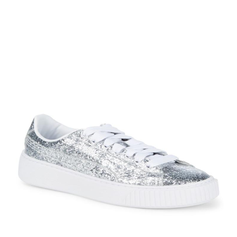 Puma中口皮质银色亮面板鞋正品