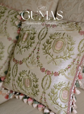 GUMAS家居精品刺绣高端宫廷法式抱枕流苏靠枕真丝双宫工艺靠垫