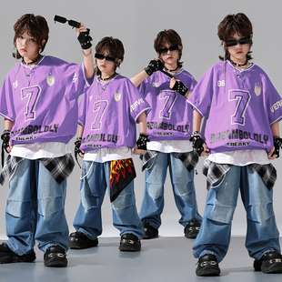 儿童breaking街舞服装嘻哈男童牛仔长裤套装hiphop女童炸街演出服