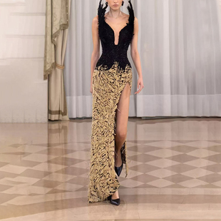 晚礼服女重工亮片高开叉长裙宴会高定服 ROKKIHU 黑金色羽毛深