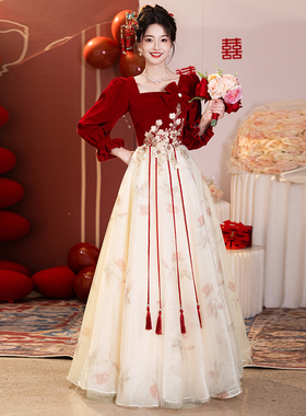 大码敬酒服新娘2025新款订婚晚礼服女连衣裙高级感结婚酒红色长袖