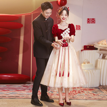 大码敬酒服2025新款新娘红色平时可穿春季结婚短袖订婚礼服裙女