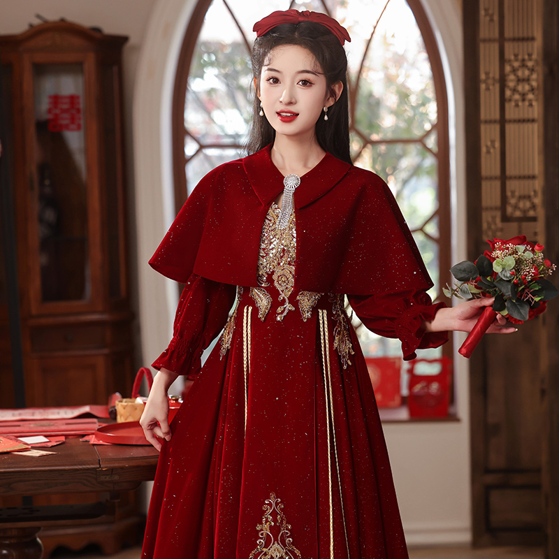 大码敬酒服新款新娘复古丝绒长袖