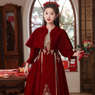 结婚回门礼服女订婚连衣裙冬 新娘复古丝绒长袖 大码 敬酒服2025新款