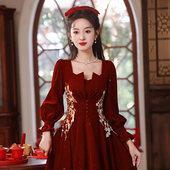 在逃公主订婚裙女 高级感结婚礼服长袖 丝绒大码 敬酒服新娘秋冬新款