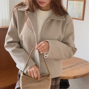 轻熟风翻领羊毛呢外套女短款米色双面呢大衣赫本风