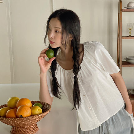 韩版休闲女短袖宽松百搭上衣经典慵懒风单排扣短款衬衫