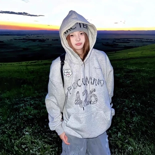 休闲连帽卫衣秋冬美式 F426慵懒风上衣 重磅女字母印花情侣帽衫