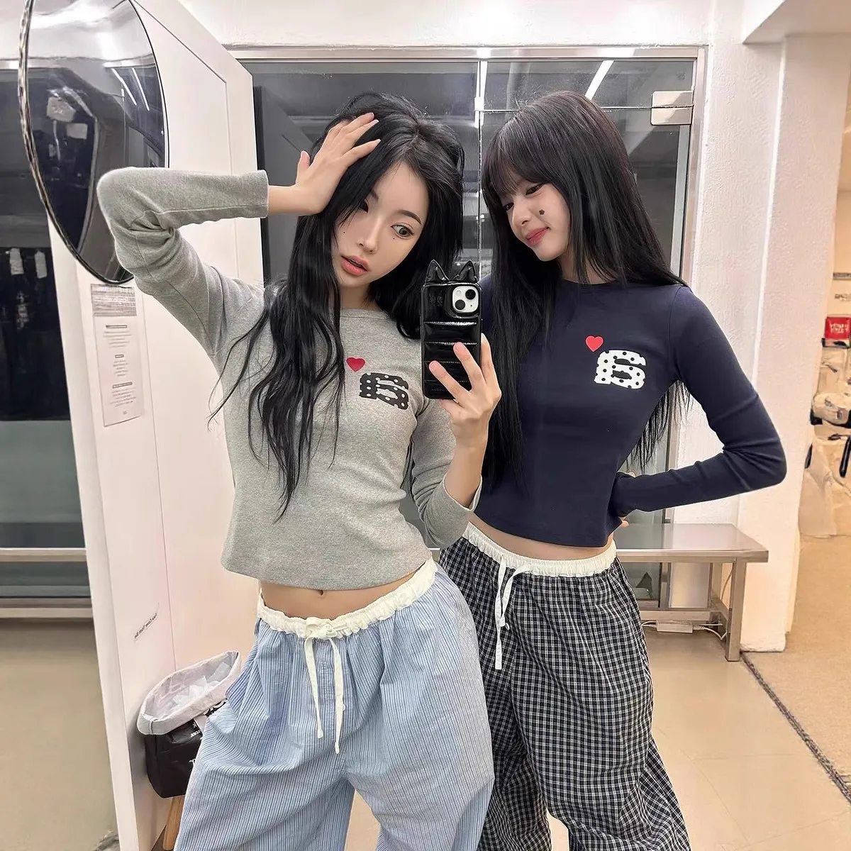 辣妹长袖T恤爱心字母ae*短款修身显瘦闺蜜装ins风小个子上衣女