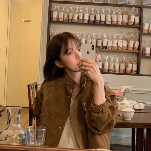 现货 objet立领复古纯色夹克女2025秋季韩系棕色麂皮绒休闲短外套