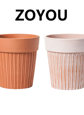 陶土花盆条纹宽边透气红陶花盆客厅花园阳台复古做旧植物陶瓷盆